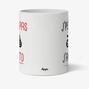 Mug personnalisé avec texte 'Je peux pas j'ai moto', parfait pour offrir en cadeau à un motard.