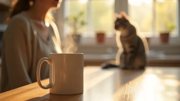 Une femme d'une cinquantaine d'années tient un mug en céramique dans une cuisine ensoleillée, un chat tigré gris assis sur le plan de travail à côté d'elle.