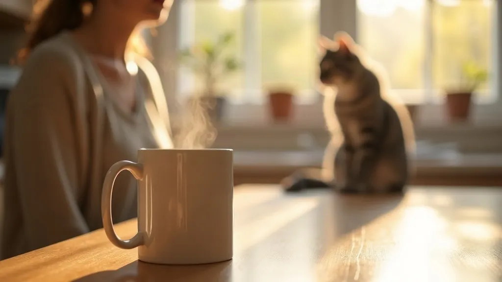 Cadeau pour une maman qui aime les chats : l'idée du mug 1 Une femme d'une cinquantaine d'années tient un mug en céramique dans une cuisine ensoleillée, un chat tigré gris assis sur le plan de travail à côté d'elle.