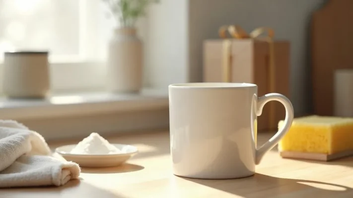 Un mug en céramique blanc posé sur un plan de travail en bois, à côté d'un bol de bicarbonate de soude et d'une éponge douce jaune