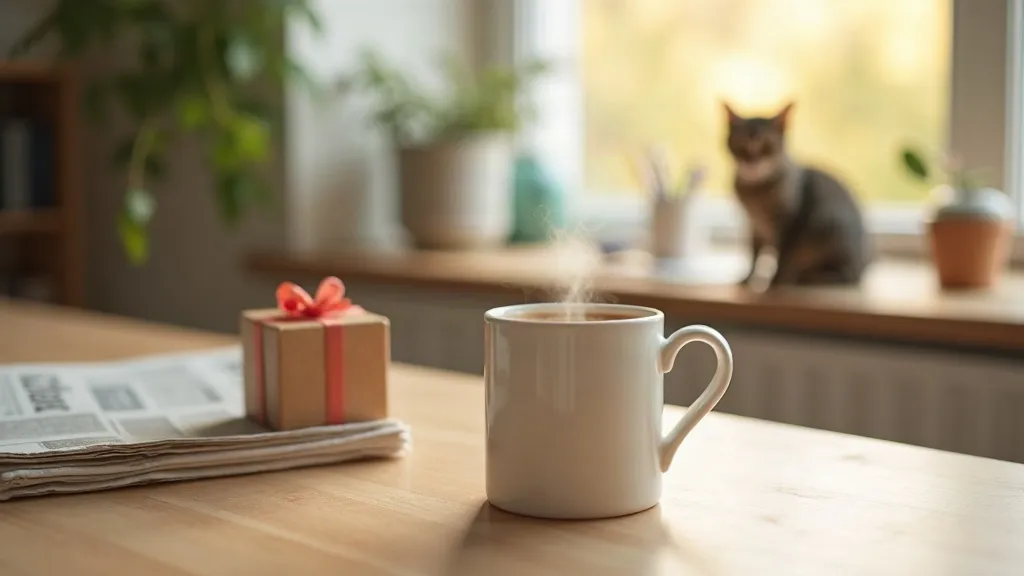 Cadeau original pour un amoureux des chats : miser sur le quotidien 1 Mug en céramique blanc fumant posé sur une table en bois près d'une fenêtre, un chat tigré assis en arrière-plan flou dans la lumière du matin