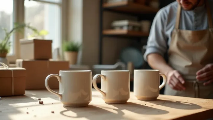 Trois mugs en céramique blanche unis posés sur l'établi en bois d'un atelier, avec cartons kraft et papier de protection, un artisan flou de dos en arrière-plan