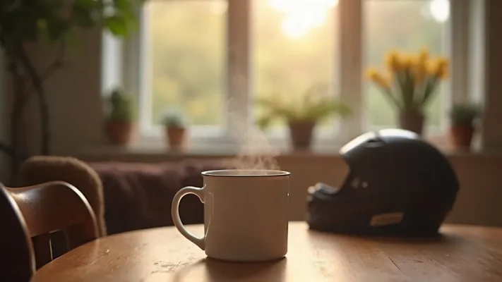 Un mug en céramique fumant posé sur une table en bois à côté d'un casque de moto et d'un blouson en cuir sur une chaise, au petit matin