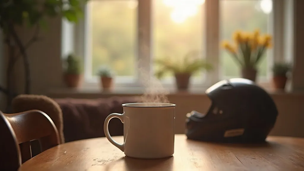 Fête des pères : offrir un mug à un papa motard 1 Un mug en céramique fumant posé sur une table en bois à côté d'un casque de moto et d'un blouson en cuir sur une chaise, au petit matin