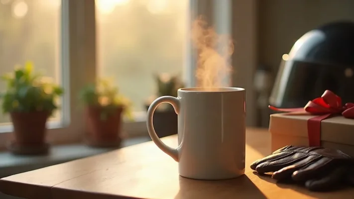 Un mug en céramique blanc posé sur une table en bois à côté d'un casque de moto et de gants de cuir, éclairé par la lumière douce du matin.