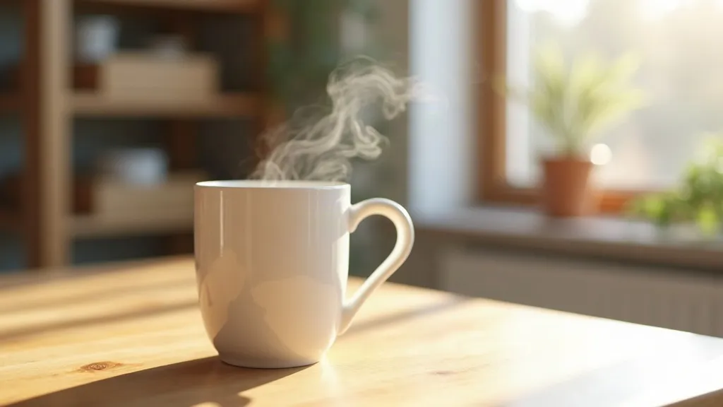 Reconnaître un mug de bonne qualité : cinq points à observer 1 Mug en céramique blanche posé seul sur une table en chêne clair près d'une fenêtre, lumière du matin soulignant l'épaisseur du bord
