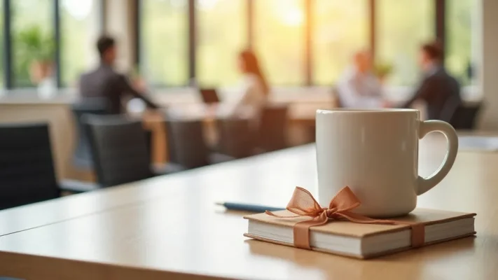 Un mug en céramique blanc posé sur une table de réunion en bois clair dans un open space lumineux, avec des collègues flous en arrière-plan
