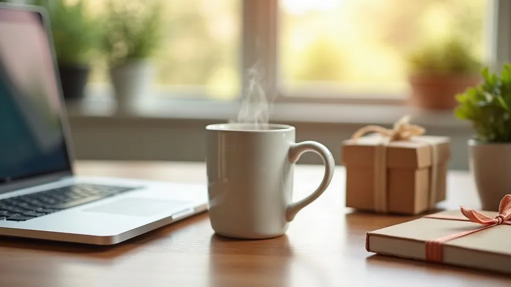 Mug humour au travail : des idées pour égayer le bureau 1 Mug en céramique blanc posé sur un bureau clair à côté d'un ordinateur portable, avec des collègues flous en arrière-plan