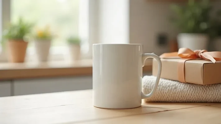 Mug en céramique blanc posé sur un plan de travail en bois clair à côté d'un torchon et d'une éponge douce, lumière du matin