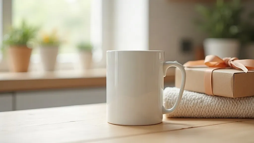 Impression de mug qui s'efface : les bons gestes à adopter 1 Mug en céramique blanc posé sur un plan de travail en bois clair à côté d'un torchon et d'une éponge douce, lumière du matin
