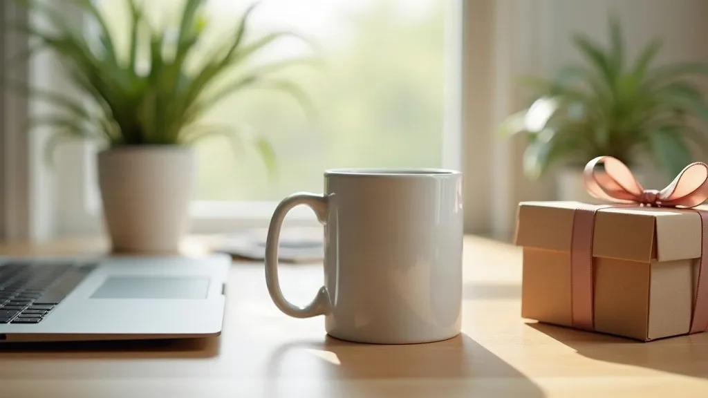 Personnaliser un mug avec une photo : ce qu'il faut savoir 1 Mug en céramique blanc posé sur un bureau en chêne clair à côté d'un ordinateur portable fermé et d'une pile de photos imprimées, lumière douce du matin