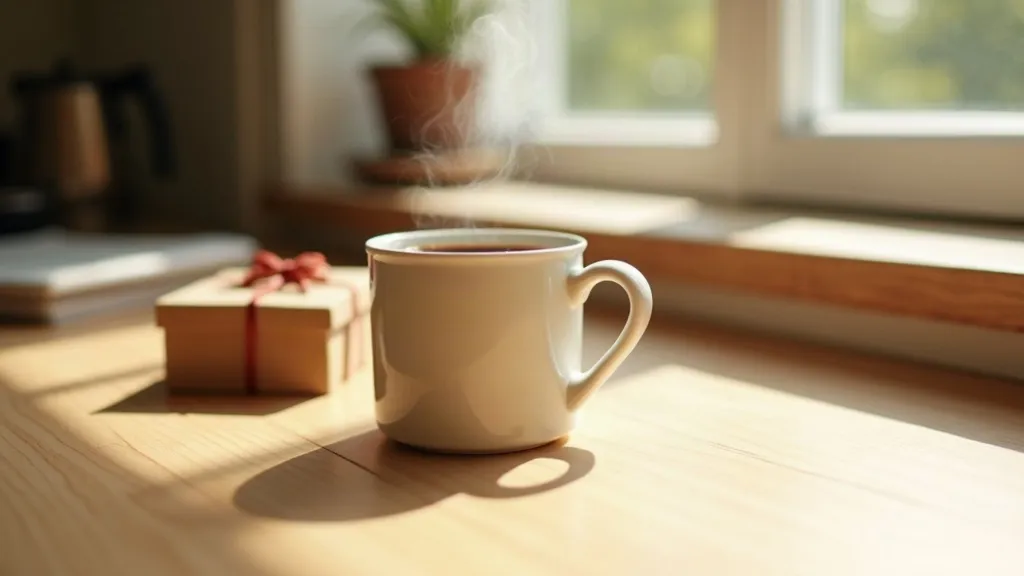 Keep Calm and Coffee : le mug qui accompagne vos matins 1 Mug en céramique blanche rempli de café fumant posé sur une table en bois, éclairé par la lumière douce du matin
