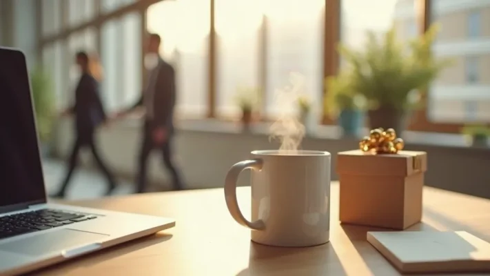 Mug en céramique blanc posé sur un bureau lumineux à côté d'un ordinateur portable et d'une petite plante, collègues flous en arrière-plan