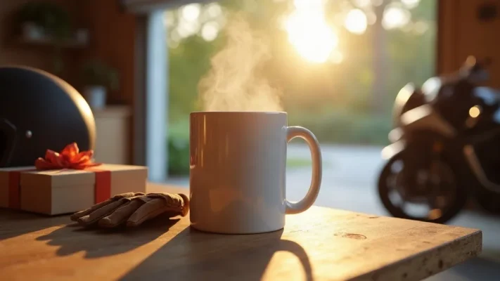 Mug en céramique blanc fumant posé sur un établi en bois à côté d'un casque de moto et de gants, devant une moto dans un garage ouvert au petit matin