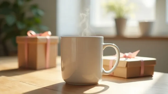 Mug en céramique blanc posé sur une table en chêne clair à côté d'une boîte cadeau en papier kraft et d'un ruban, dans une lumière douce du matin