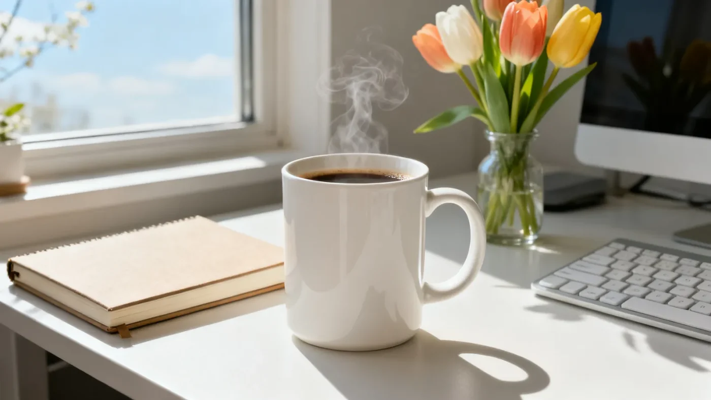 Bureau bien rangé baigné de lumière matinale, avec un mug de café fumant posé à côté d'un carnet, d'un clavier et d'un petit bouquet de tulipes printanières