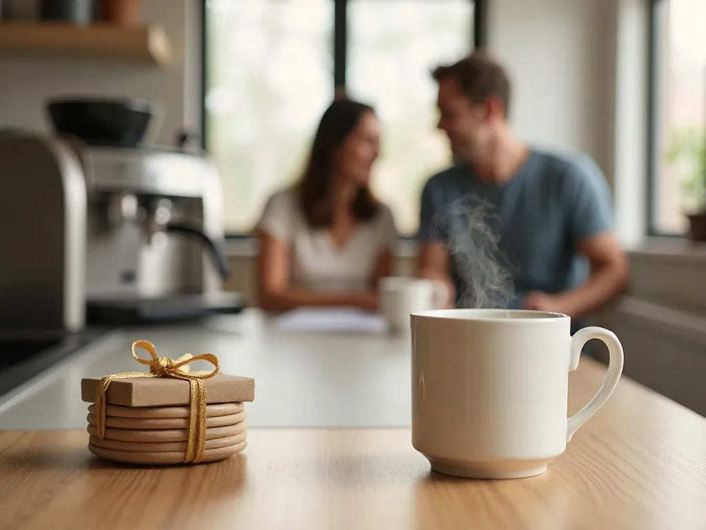 Mug humour au travail : des idées pour égayer le bureau 2 Mug blanc posé sur le plan de travail près de la machine à café d'un coin cuisine de bureau, deux collègues flous discutent en arrière-plan