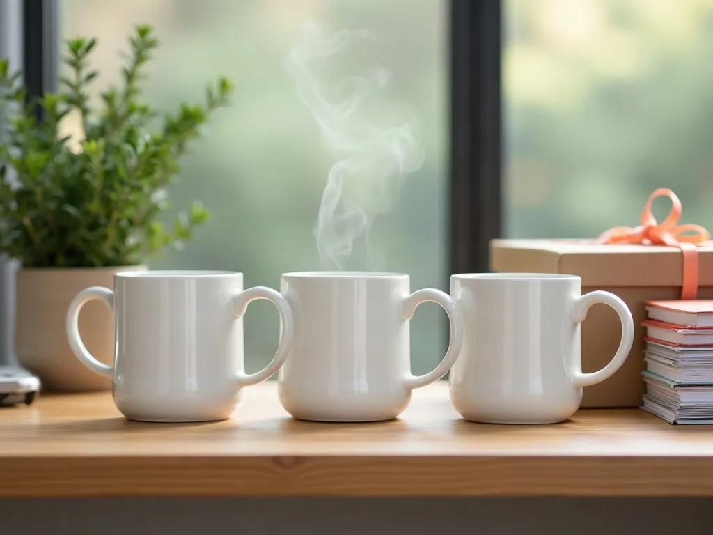 Mug humour au travail : des idées pour égayer le bureau 6 Trois mugs en céramique alignés sur une étagère de bureau à côté d'une plante verte et de dossiers empilés