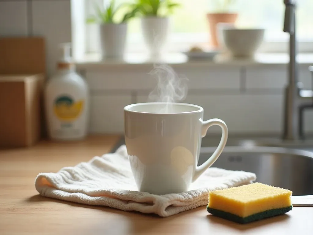 Impression de mug qui s'efface : les bons gestes à adopter 2 Mug en céramique retourné pour sécher sur un linge près d'un évier, avec une éponge douce et un liquide vaisselle doux, dans une lumière naturelle