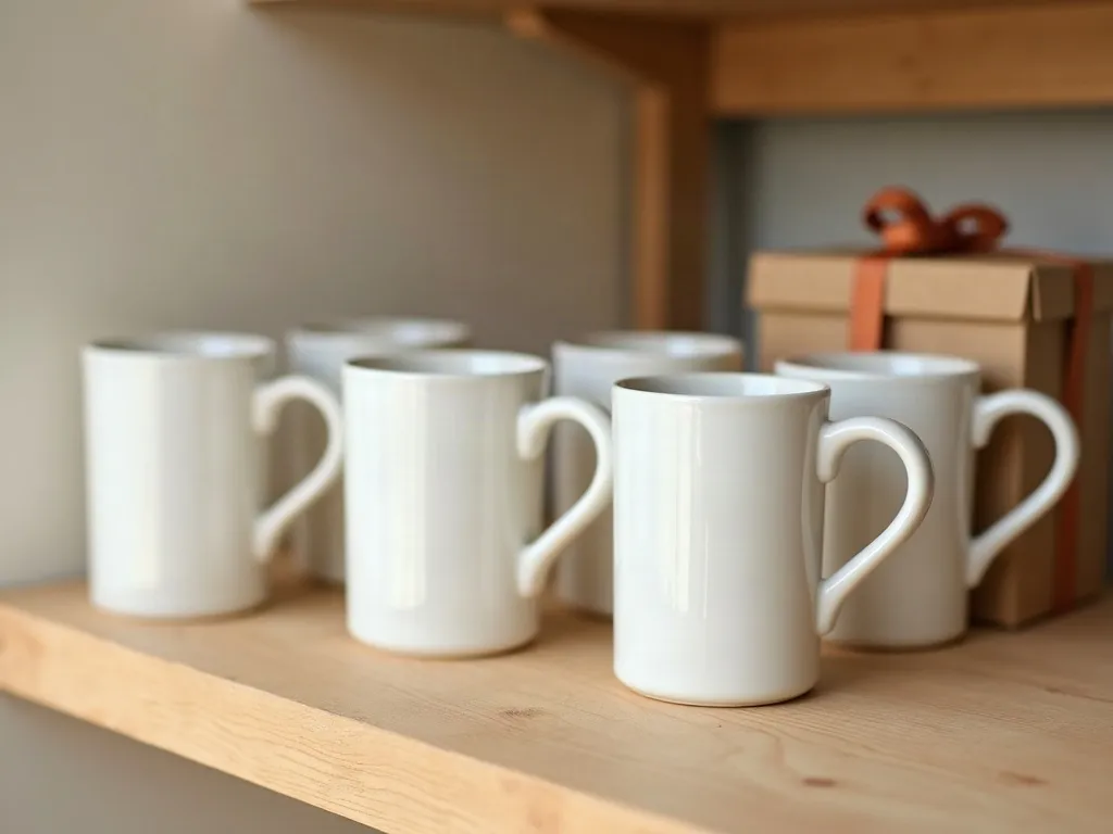 Impression de mug qui s'efface : les bons gestes à adopter 4 Plusieurs mugs en céramique blancs alignés et espacés sur une étagère en bois clair dans un atelier, éclairage diffus