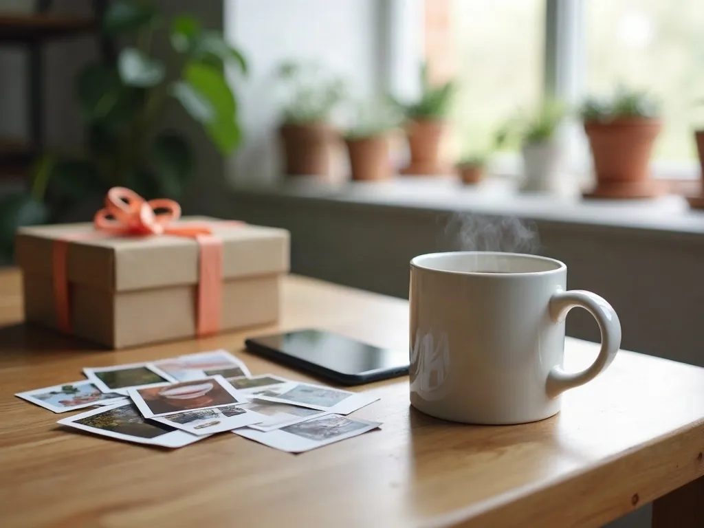 Personnaliser un mug avec une photo : ce qu'il faut savoir 2 Table de cuisine avec des petites photos imprimées éparpillées, un téléphone posé écran contre la table et un mug en céramique blanc, lumière naturelle douce