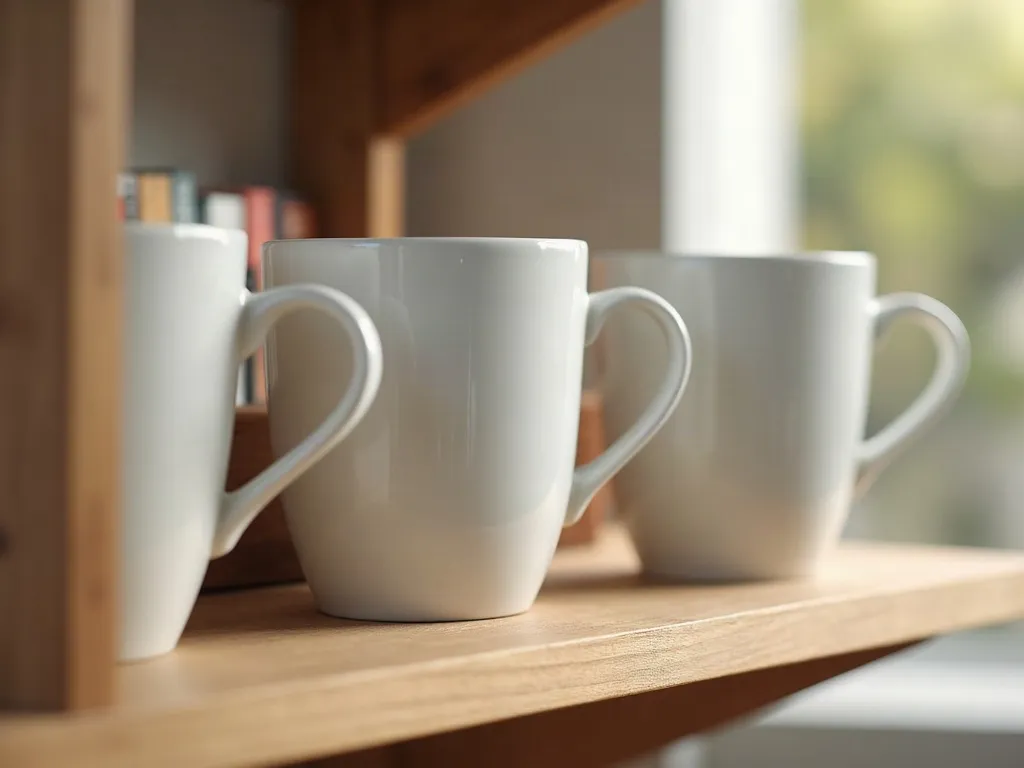 Personnaliser un mug avec une photo : ce qu'il faut savoir 6 Trois mugs en céramique blancs alignés sur une étagère en bois dans un intérieur lumineux, une silhouette floue en arrière-plan
