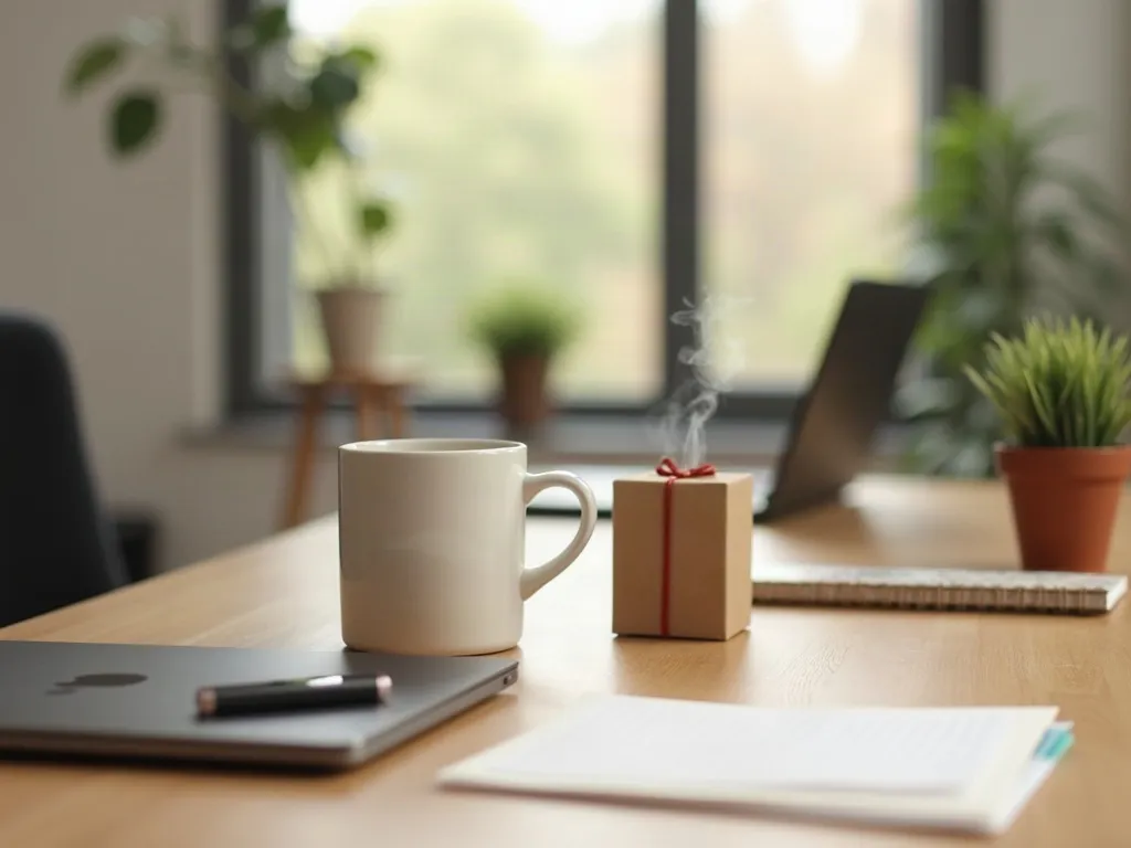 Keep Calm and Coffee : le mug qui accompagne vos matins 3 Mug en céramique posé sur un bureau à côté d'un ordinateur portable et d'une plante, avec une personne floue en arrière-plan