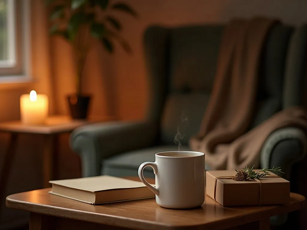 Keep Calm and Coffee : le mug qui accompagne vos matins 5 Mug en céramique rempli de tisane posé sur une table basse en bois près d'une bougie et d'un livre, dans une lumière chaude du soir