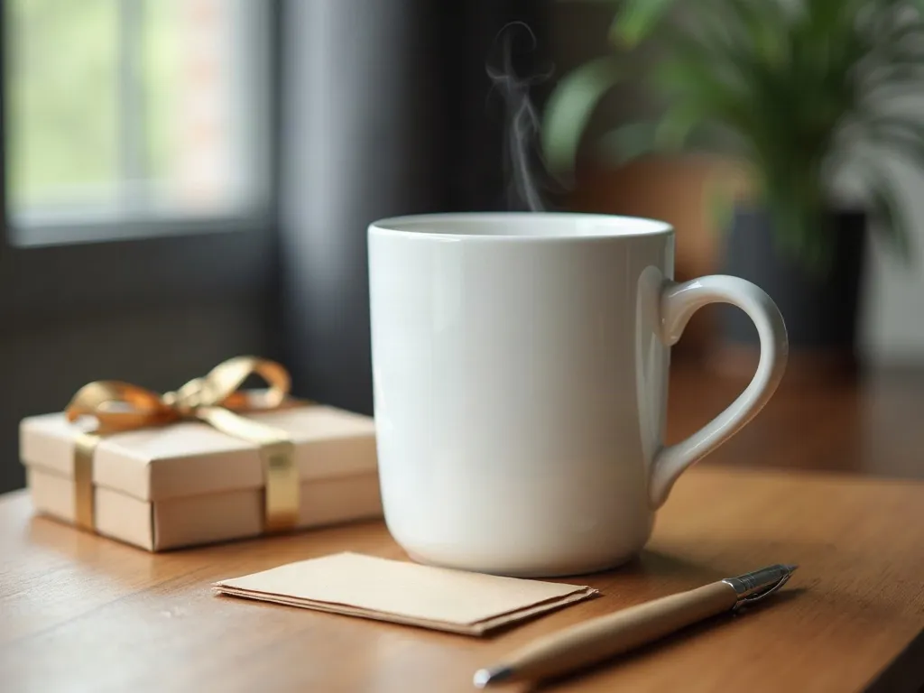 Mug en céramique posé sur un bureau en bois à côté d'une petite carte pliée vierge et d'un stylo