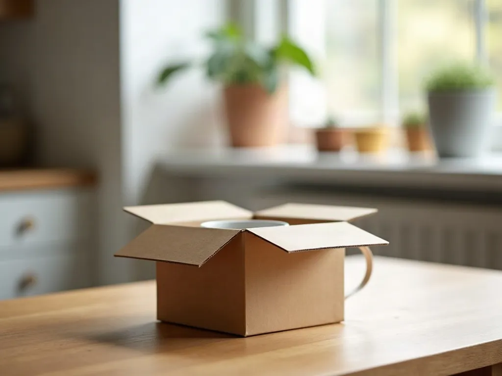 Mug en céramique emballé dans du papier kraft à l'intérieur d'un petit carton d'expédition ouvert sur un bureau