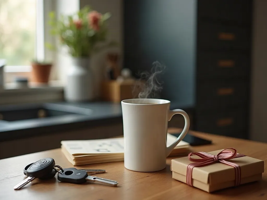 J'peux pas j'ai moto : le mug des passionnés de deux-roues 3 Mug de café fumant posé sur une table de cuisine au lever du jour, avec une clé de moto, une carte routière et des gants, une silhouette floue en veste de motard à l'arrière-plan
