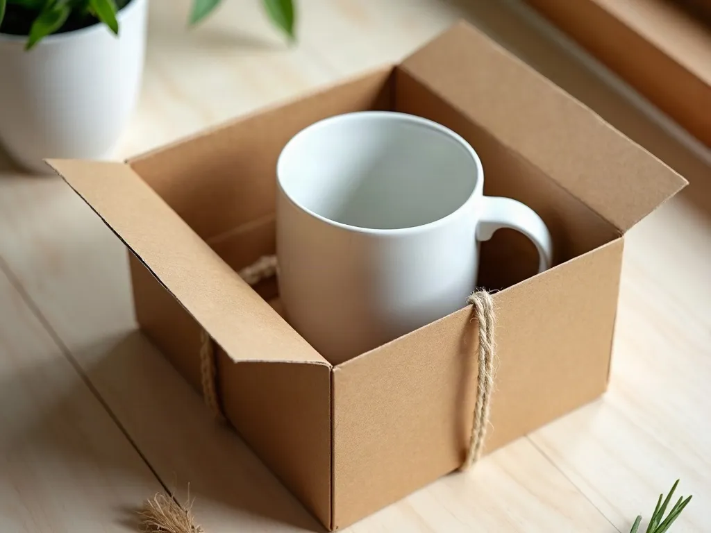 J'peux pas j'ai moto : le mug des passionnés de deux-roues 4 Mug en céramique blanc niché dans son emballage kraft ouvert sur une table en bois clair, avec ficelle et brin de verdure, en lumière naturelle douce