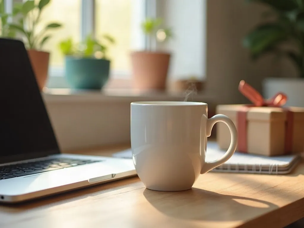 Mug en céramique posé sur un bureau de télétravail, à côté d'un ordinateur portable fermé, d'un carnet et d'une petite plante, lumière naturelle de fin d'après-midi
