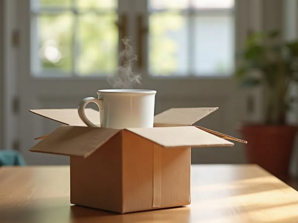 Mug en céramique calé dans du papier de protection à l'intérieur d'un carton d'expédition ouvert, posé dans une entrée éclairée par la lumière du jour