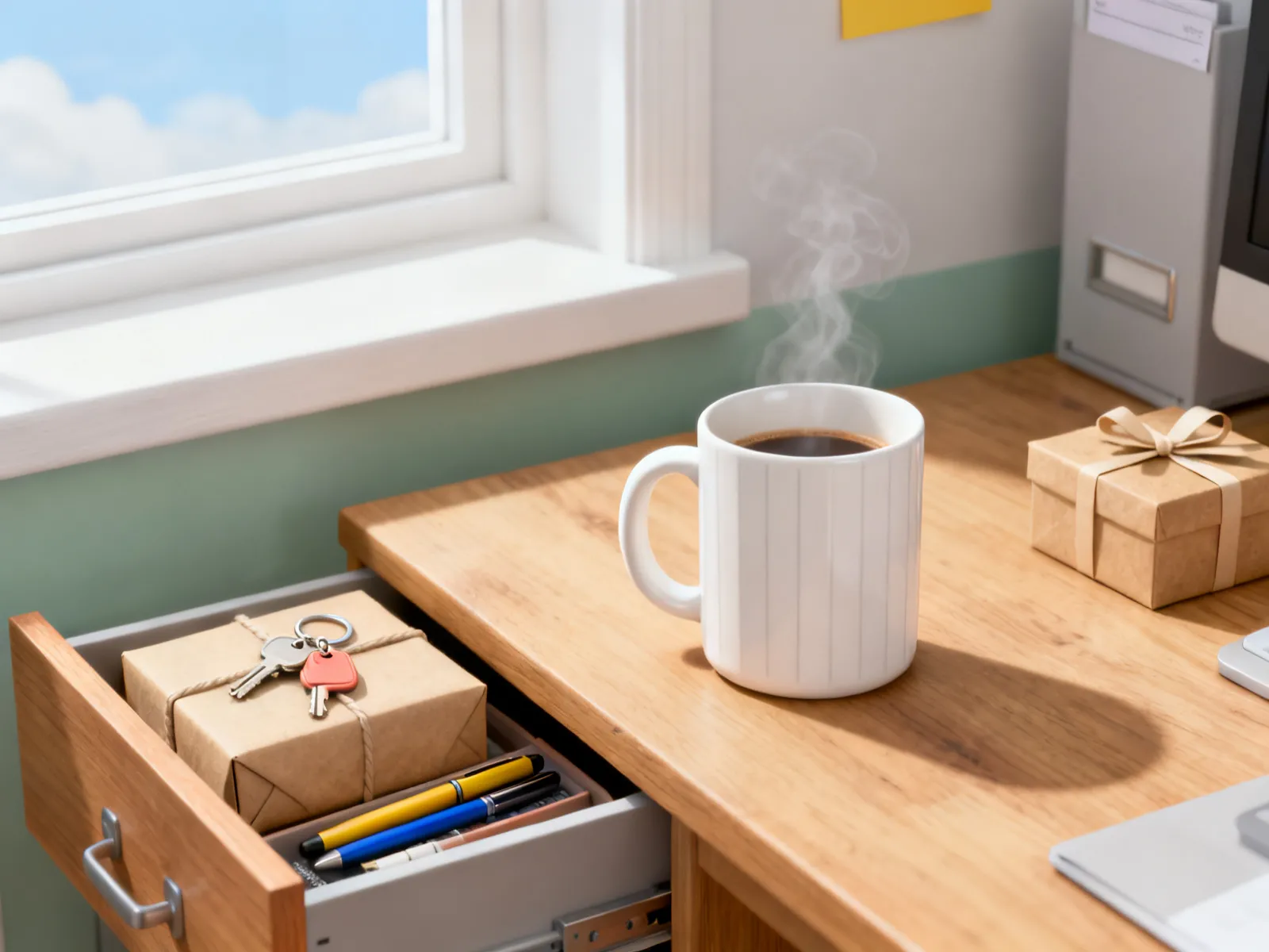 Tiroir de bureau entrouvert contenant des objets oubliés, dont une boîte encore emballée, un porte-clés et un stylo