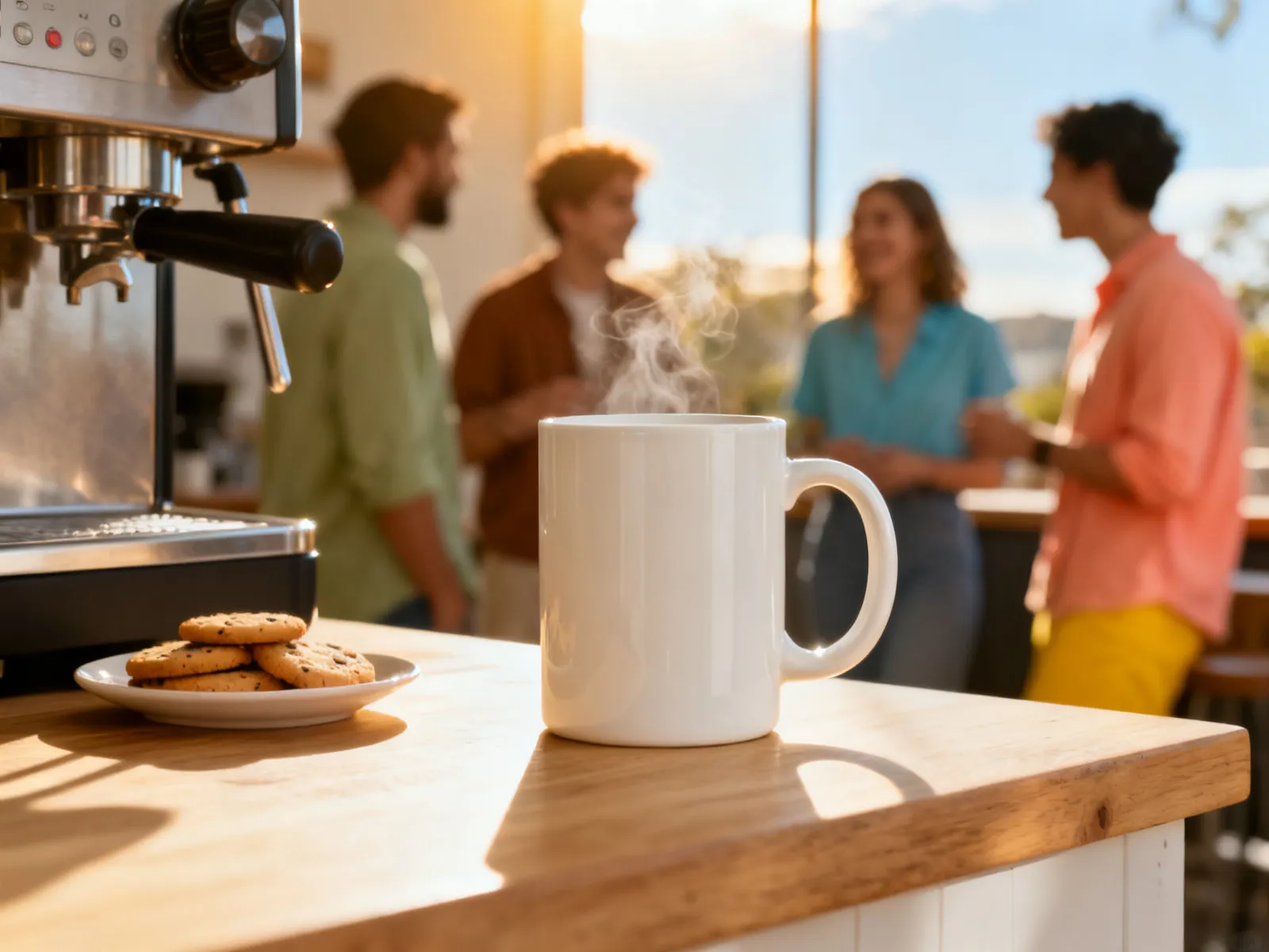 Coin café d'un bureau à l'heure de la pause, avec un mug posé sur un comptoir en bois près d'une machine à café et de quelques biscuits, des collègues flous en arrière-plan