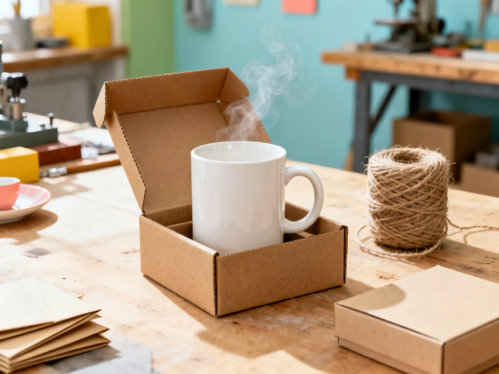 Mug posé dans une boîte cadeau en carton kraft ouverte, sur une table d'atelier avec une bobine de ficelle et des cartons pliés, prêt à être expédié