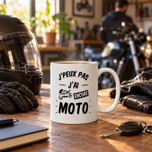 Mug Personnalisé Moto | Le Cadeau Idéal pour Passionnés de Moto 8 Mug blanc fumant « J'peux pas j'ai encore moto » sur table en bois, entouré d'un casque, de gants et de clés, moto au fond