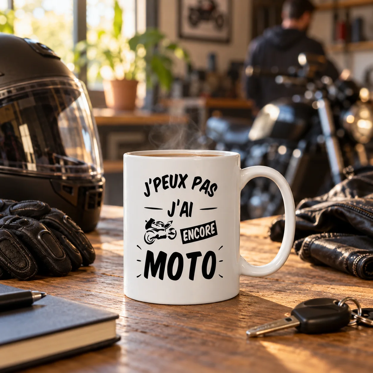 Mug Personnalisé Moto | Le Cadeau Idéal pour Passionnés de Moto 4 Mug blanc fumant « J'peux pas j'ai encore moto » sur table en bois, entouré d'un casque, de gants et de clés, moto au fond