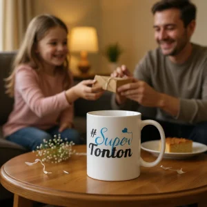 Mug #Super Tonton posé sur une table basse pendant qu'une nièce offre un cadeau à son oncle assis sur le canapé