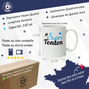 Mug blanc brillant avec le texte #Super Tonton en bleu et noir, anse visible