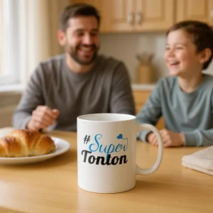 Mug blanc #Super Tonton posé sur une table de cuisine, avec un oncle et son neveu qui rient au petit-déjeuner en arrière-plan