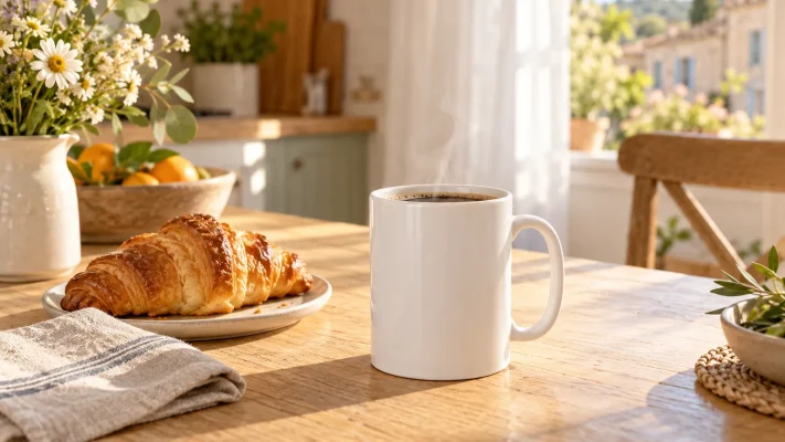 Mug blanc rempli de café fumant posé sur une table de petit-déjeuner en bois clair, à côté d'un croissant, dans une cuisine baignée de lumière matinale