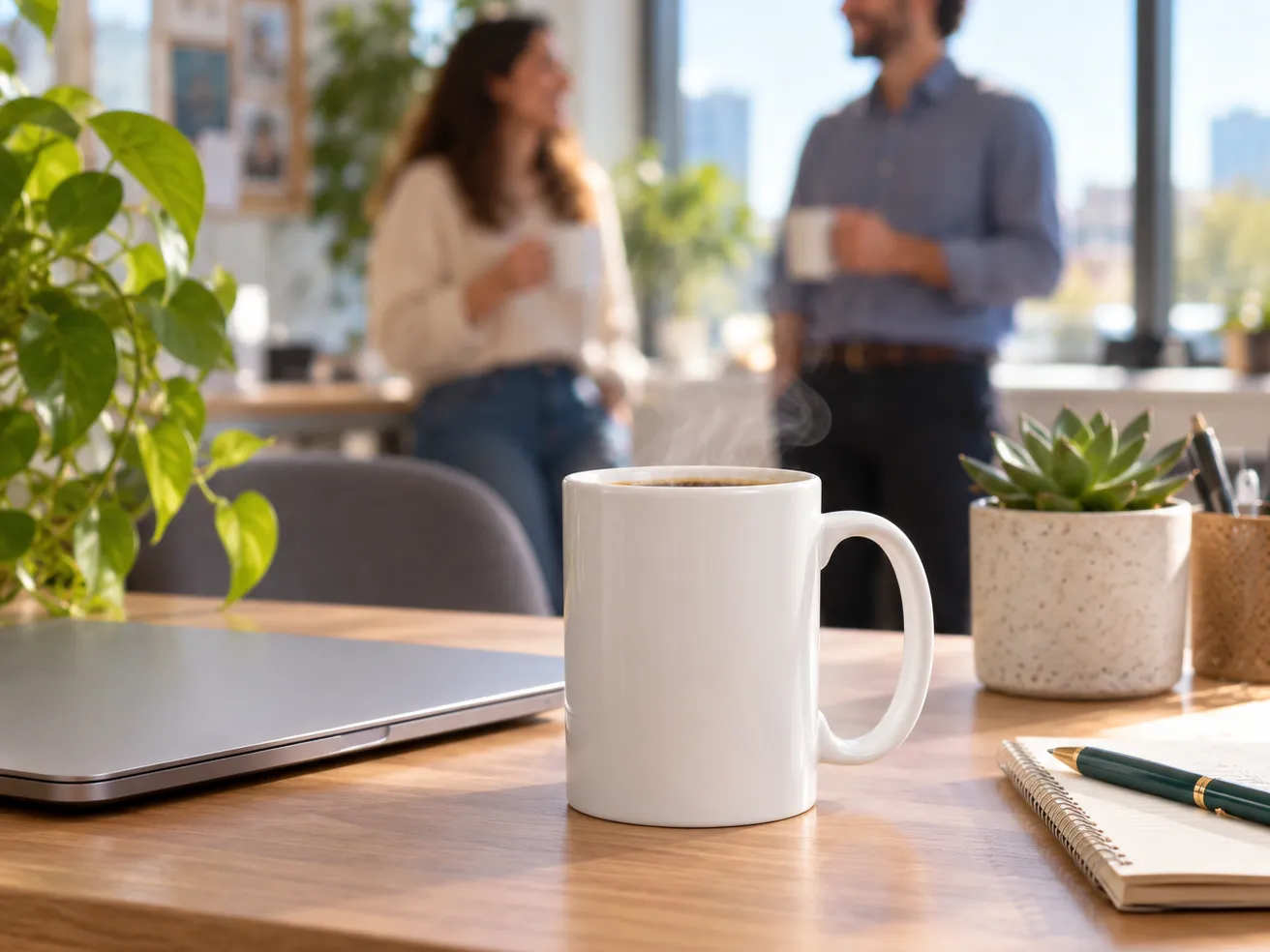 Mug râleuse : un cadeau drôle pour les grandes bougonnes 2 Mug blanc posé sur un bureau à côté d'un ordinateur portable et d'une plante grasse, avec des collègues qui discutent en souriant à l'arrière-plan flou