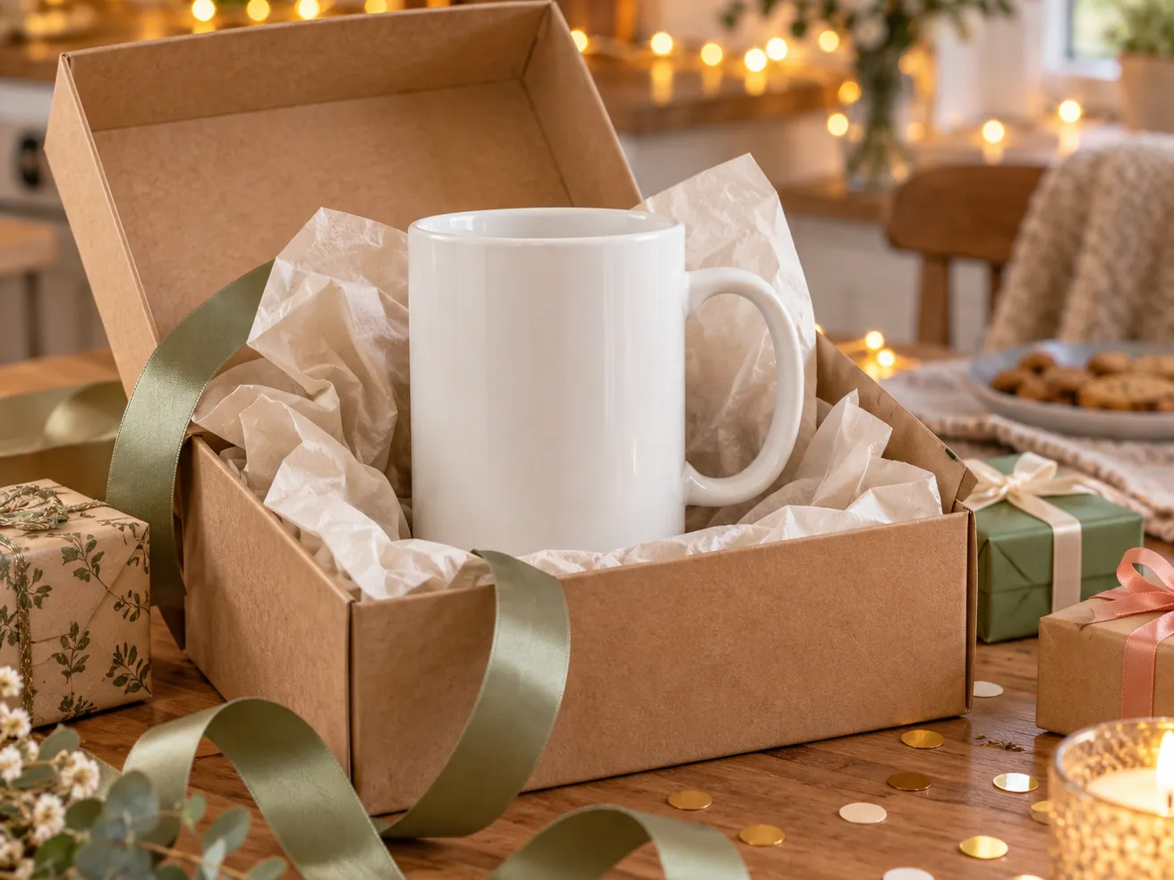 Mug râleuse : un cadeau drôle pour les grandes bougonnes 4 Mug blanc présenté dans une boîte cadeau en carton kraft avec papier de soie, entouré de rubans, de petits paquets et de confettis sous des guirlandes lumineuses