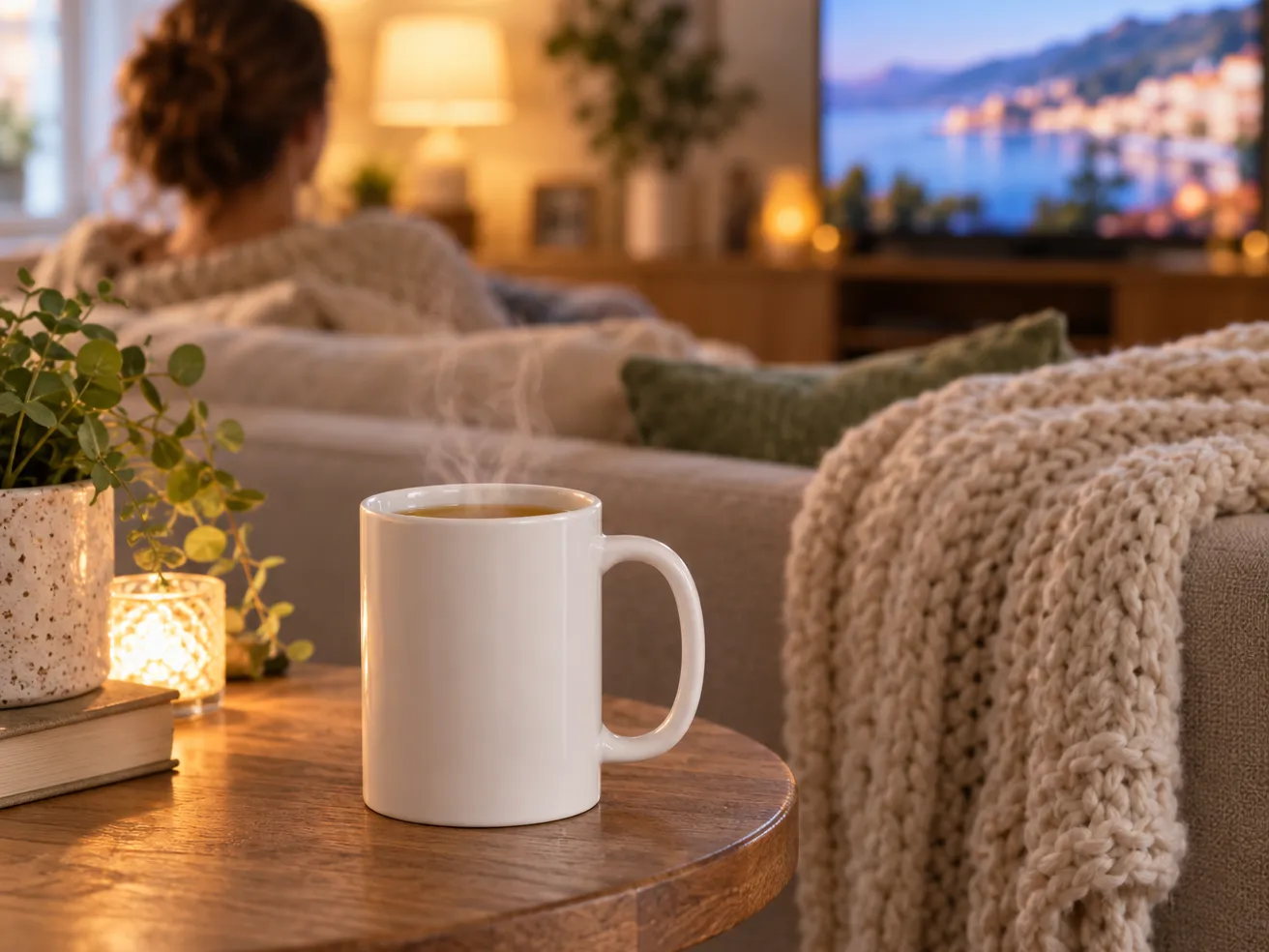 Mug râleuse : un cadeau drôle pour les grandes bougonnes 7 Mug blanc de tisane fumante posé sur une table d'appoint près d'un canapé et d'un plaid, dans un salon chaleureux éclairé par une lampe en soirée